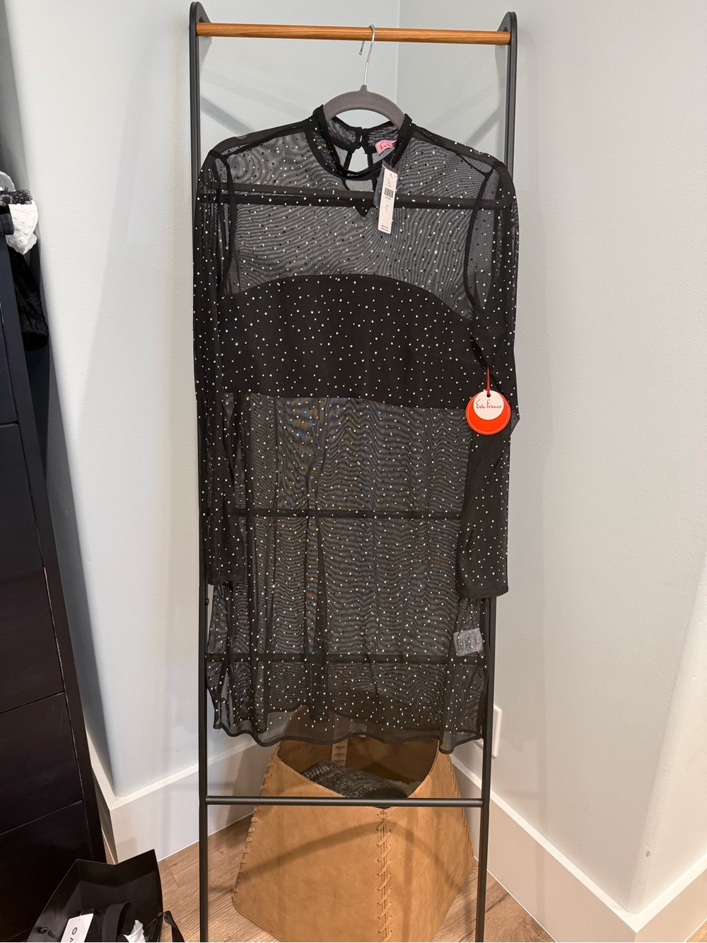 Eva Franco / Anthropologie Black Sheer Mesh Long Sleeve Dress with Rhinestones